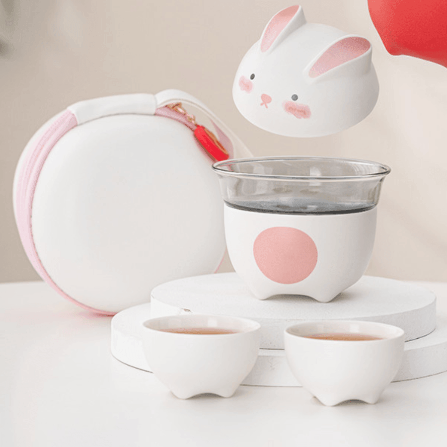 Tea Set Ceramic Bunny Teapot & Cups with Leather Carrying Case – Cute Gift Set