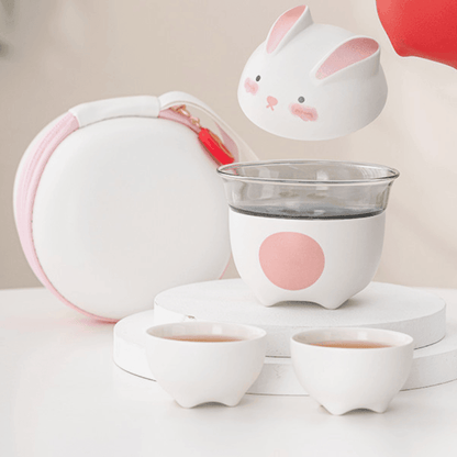 Tea Set Ceramic Bunny Teapot & Cups with Leather Carrying Case – Cute Gift Set