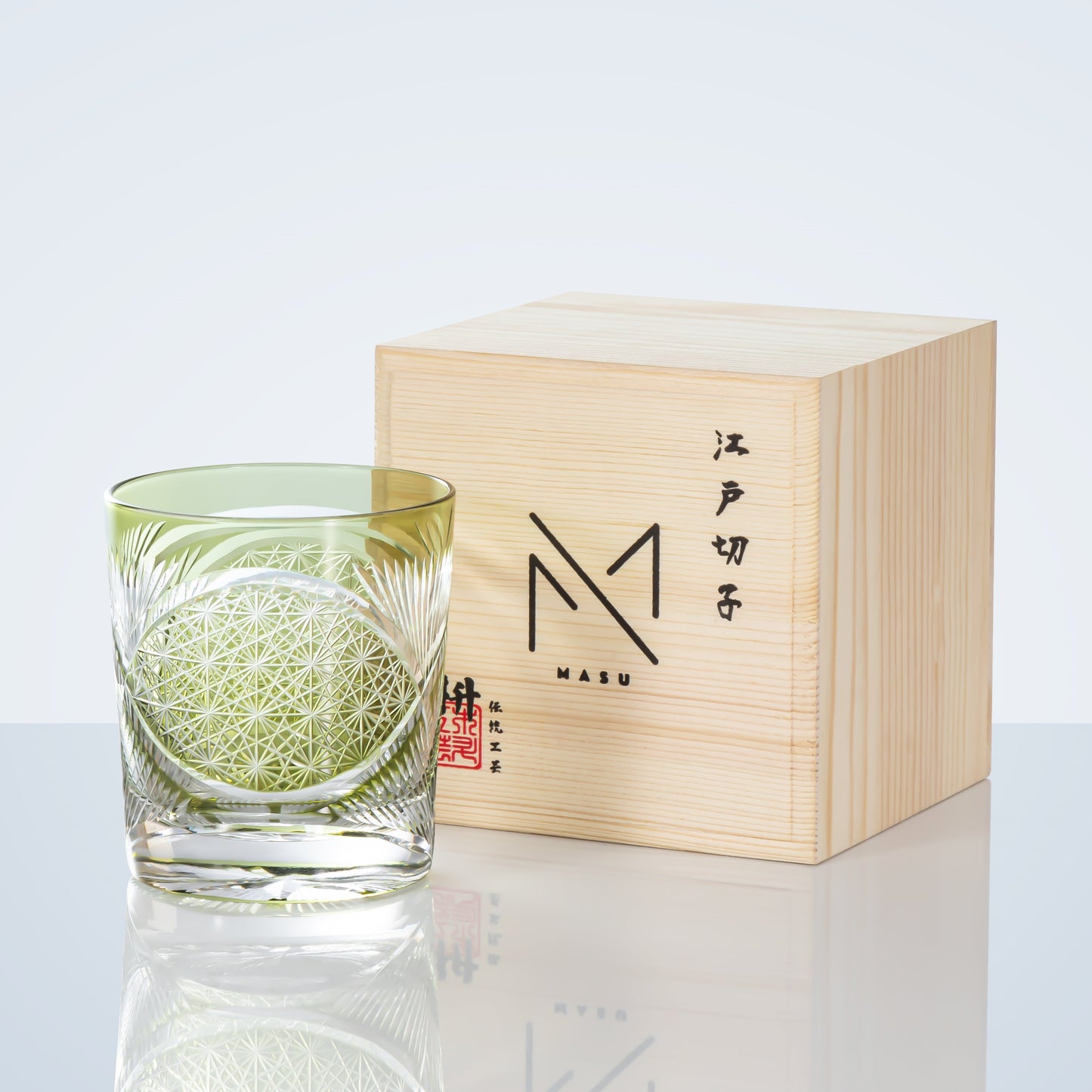 Whiskey Glass Edo Kiriko Crane Feather – Hand-Cut Japanese Tumbler with Wooden Box | 5 Amber Colors