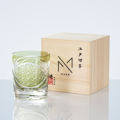 Whiskey Glass Edo Kiriko Crane Feather – Hand-Cut Japanese Tumbler with Wooden Box | 5 Amber Colors