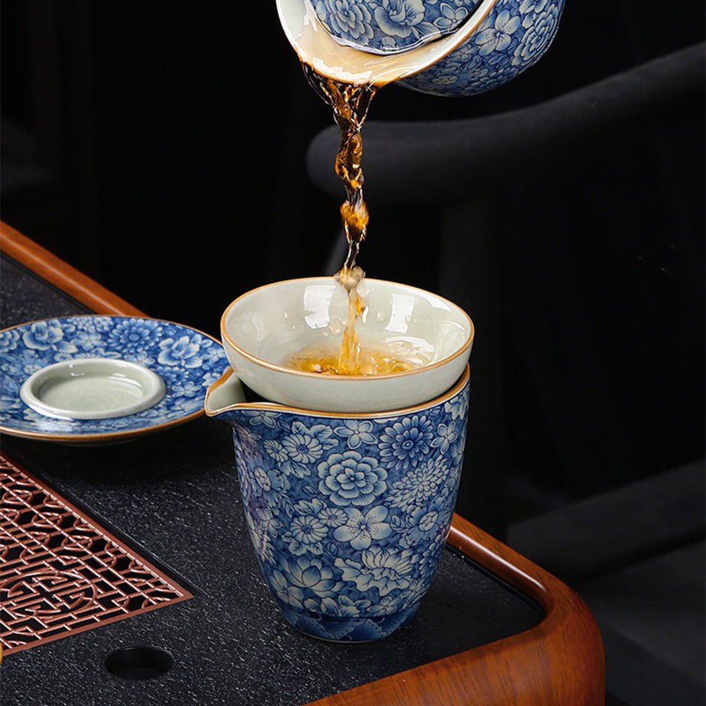 Kung Fu Tea Set Ruyao Blue White Floral 15pcs with Tray