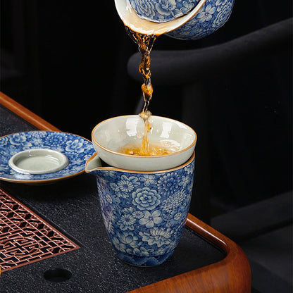 Kung Fu Tea Set Ruyao Blue White Floral 15pcs with Tray