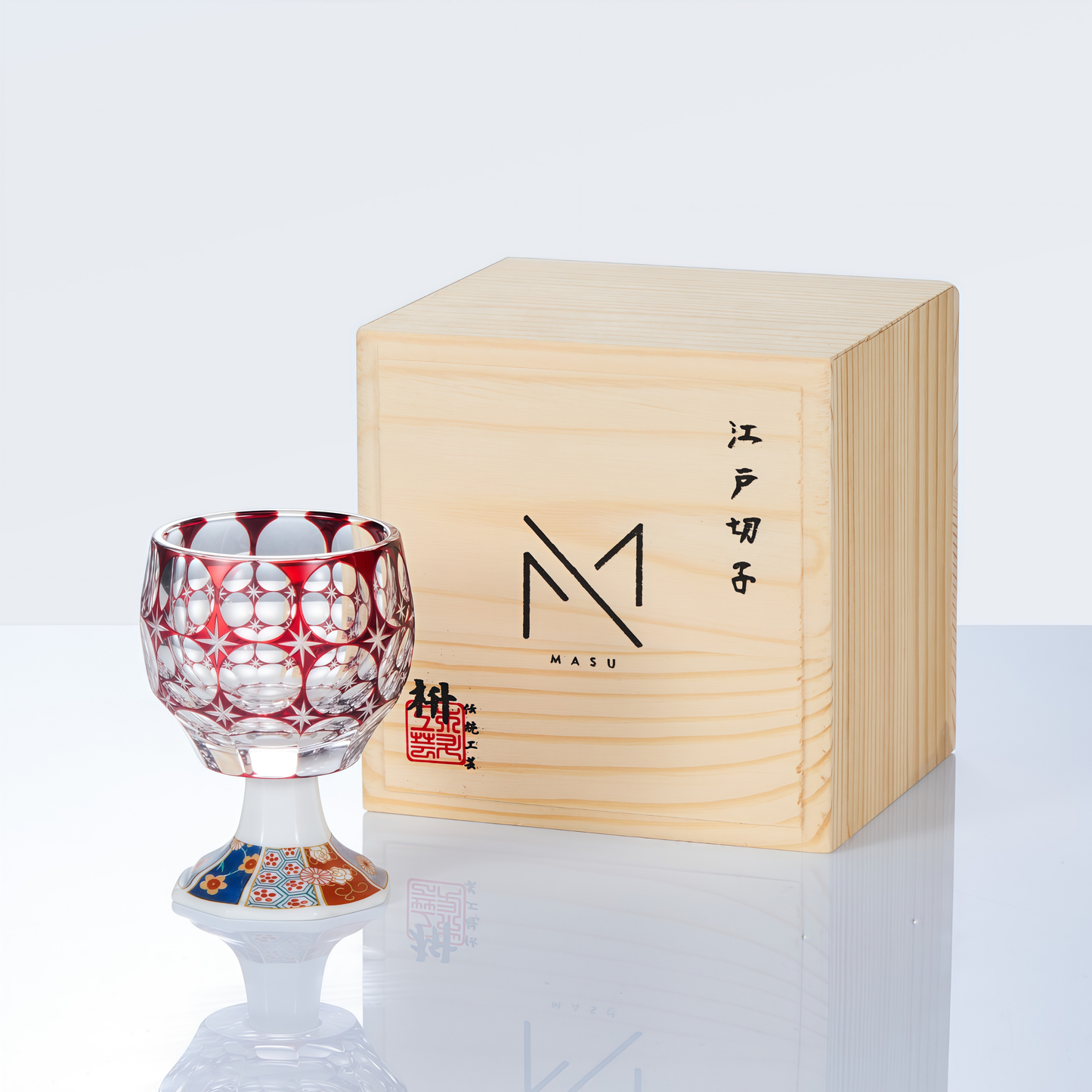 Sake Goblet Glass Edo Kiriko Kazaridai Hand-Cut Crystal & Mino Ware Porcelain Base | Japanese Artisan