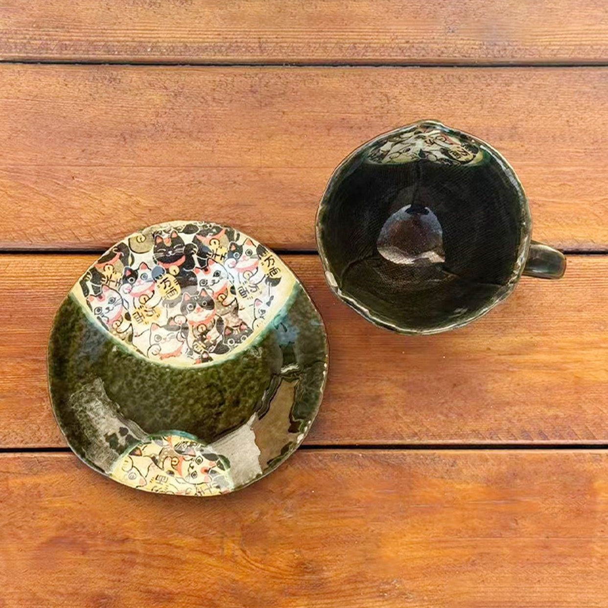 Coffee Cup & Saucer Set – Mino Ware Lucky Cat Oribe Green
