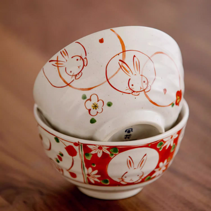 Japanese Ceramic Bowl Set of 5 – Mino Ware Rabbit Design