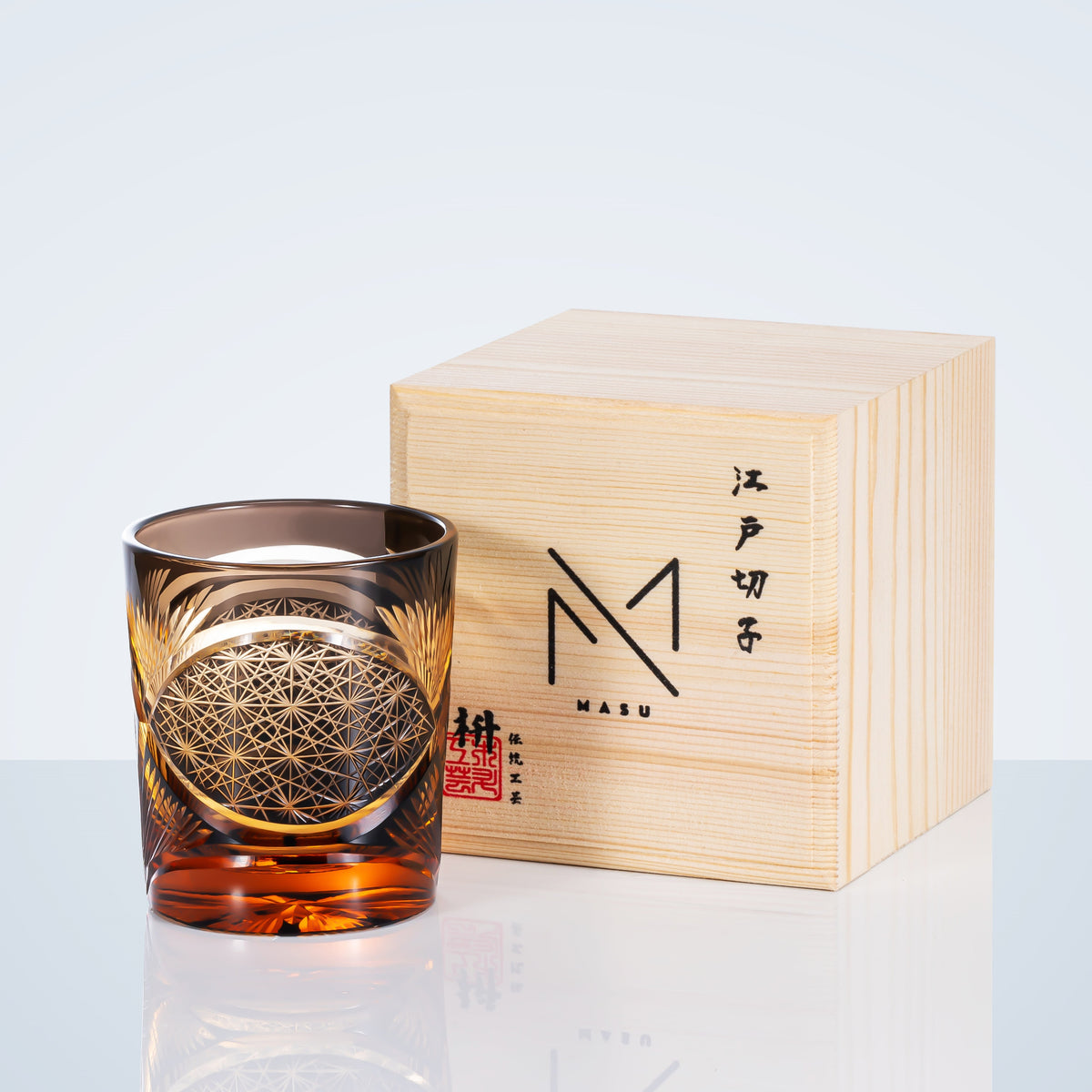 Whiskey Glass Edo Kiriko Crane Feather – Hand-Cut Japanese Tumbler with Wooden Box | 5 Amber Colors