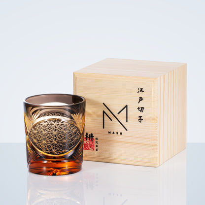 Whiskey Glass Edo Kiriko Crane Feather – Hand-Cut Japanese Tumbler with Wooden Box | 5 Amber Colors
