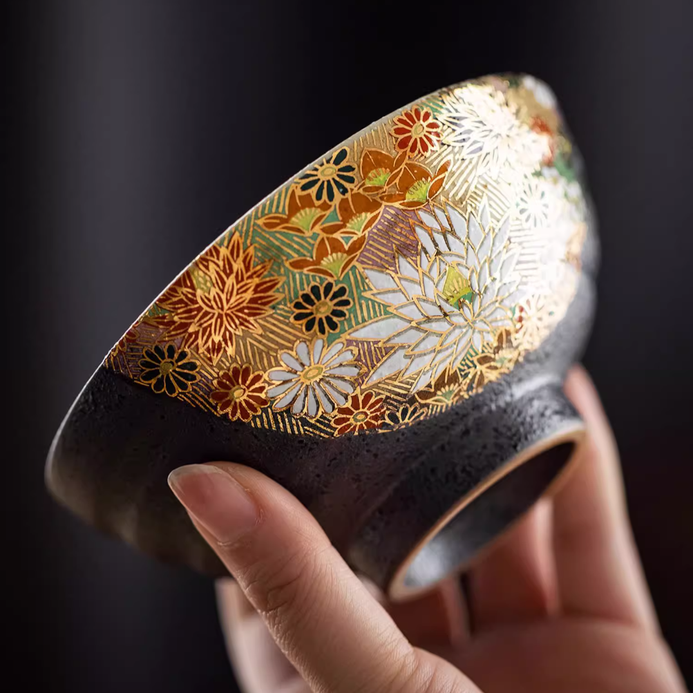 Japanese Couple Rice Bowl Set – Kutaniyaki Gold Floral Meoto