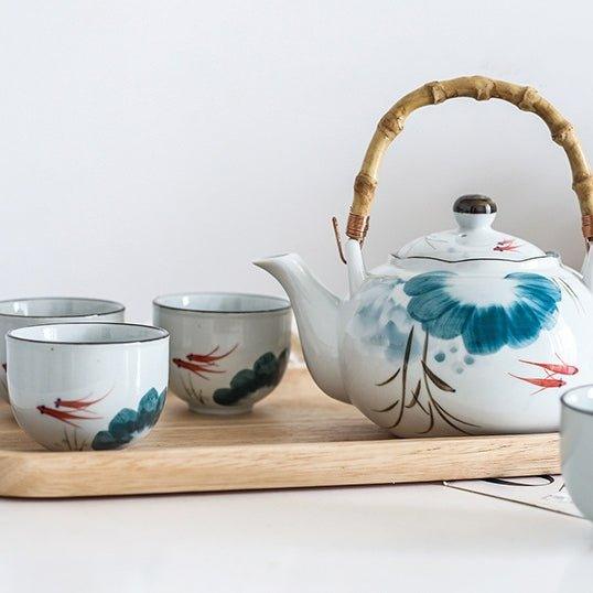 Ceramic Tea Set Goldfish Japanese Handcrafted Teapot 4 Cups Lucky