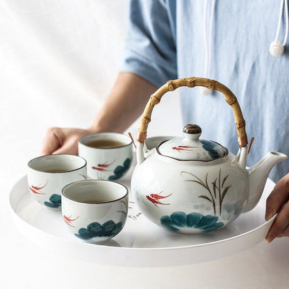 Ceramic Tea Set Goldfish Japanese Handcrafted Teapot 4 Cups Lucky