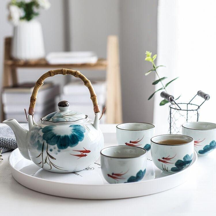 Ceramic Tea Set Goldfish Japanese Handcrafted Teapot 4 Cups Lucky