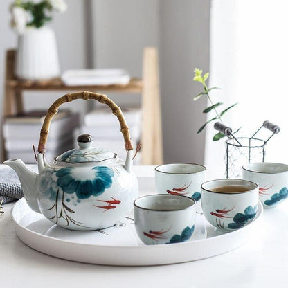 Ceramic Tea Set Goldfish Japanese Handcrafted Teapot 4 Cups Lucky