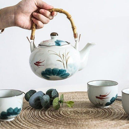 Ceramic Tea Set Goldfish Japanese Handcrafted Teapot 4 Cups Lucky