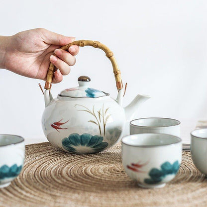 Ceramic Tea Set Goldfish Japanese Handcrafted Teapot 4 Cups Lucky