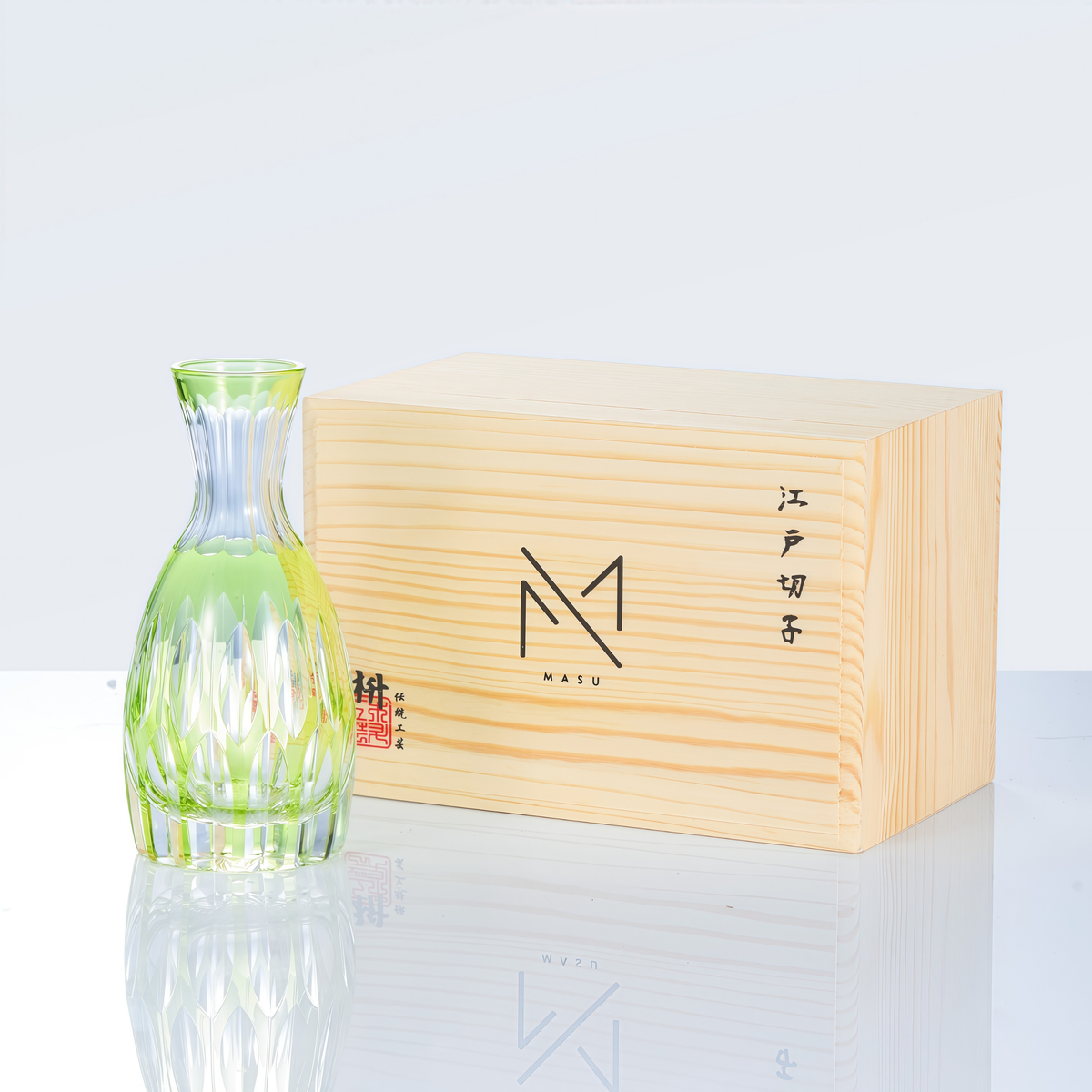 Sake Flagon Edo Kiriko Komari Hand-Cut Crystal | Tama Tate-Suji Blue Green Pink Japanese Glassware