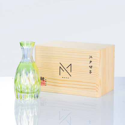 Sake Flagon Edo Kiriko Komari Hand-Cut Crystal | Tama Tate-Suji Blue Green Pink Japanese Glassware