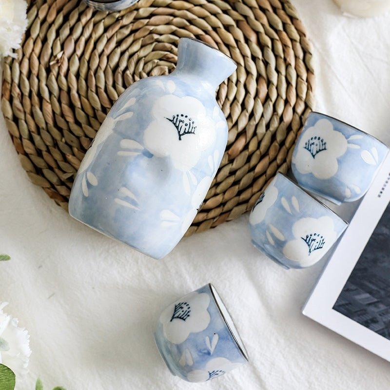 Ceramic Sake Set Japanese Handcrafted Blue Sakura Sake Flagon and 4 Cups Cherry Blossom Gift Box