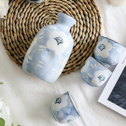 Ceramic Sake Set Japanese Handcrafted Blue Sakura Sake Flagon and 4 Cups Cherry Blossom Gift Box