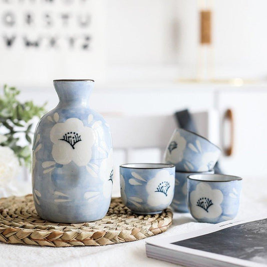 Ceramic Sake Set Japanese Handcrafted Blue Sakura Sake Flagon and 4 Cups Cherry Blossom Gift Box