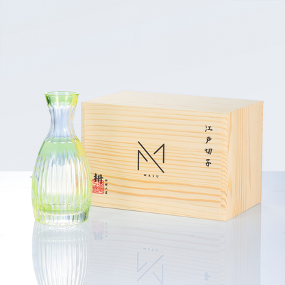 Sake Flagon Edo Kiriko Komari Hand-Cut Crystal | Tama Tate-Suji Blue Green Pink Japanese Glassware