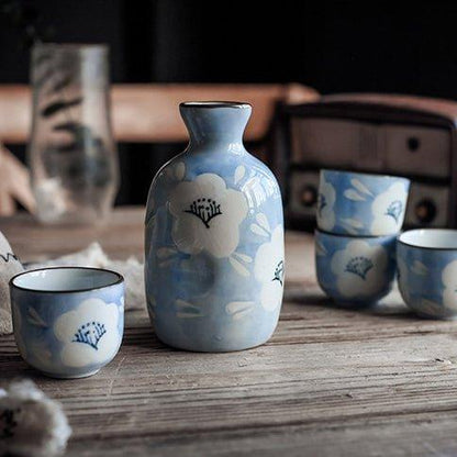 Ceramic Sake Set Japanese Handcrafted Blue Sakura Sake Flagon and 4 Cups Cherry Blossom Gift Box