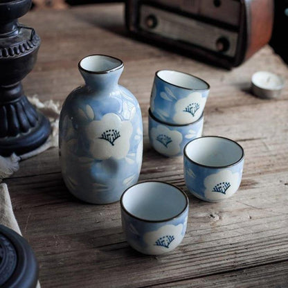 Ceramic Sake Set Japanese Handcrafted Blue Sakura Sake Flagon and 4 Cups Cherry Blossom Gift Box