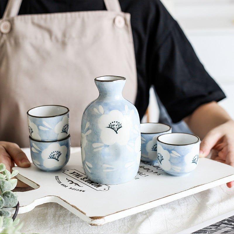 Ceramic Sake Set Japanese Handcrafted Blue Sakura Sake Flagon and 4 Cups Cherry Blossom Gift Box