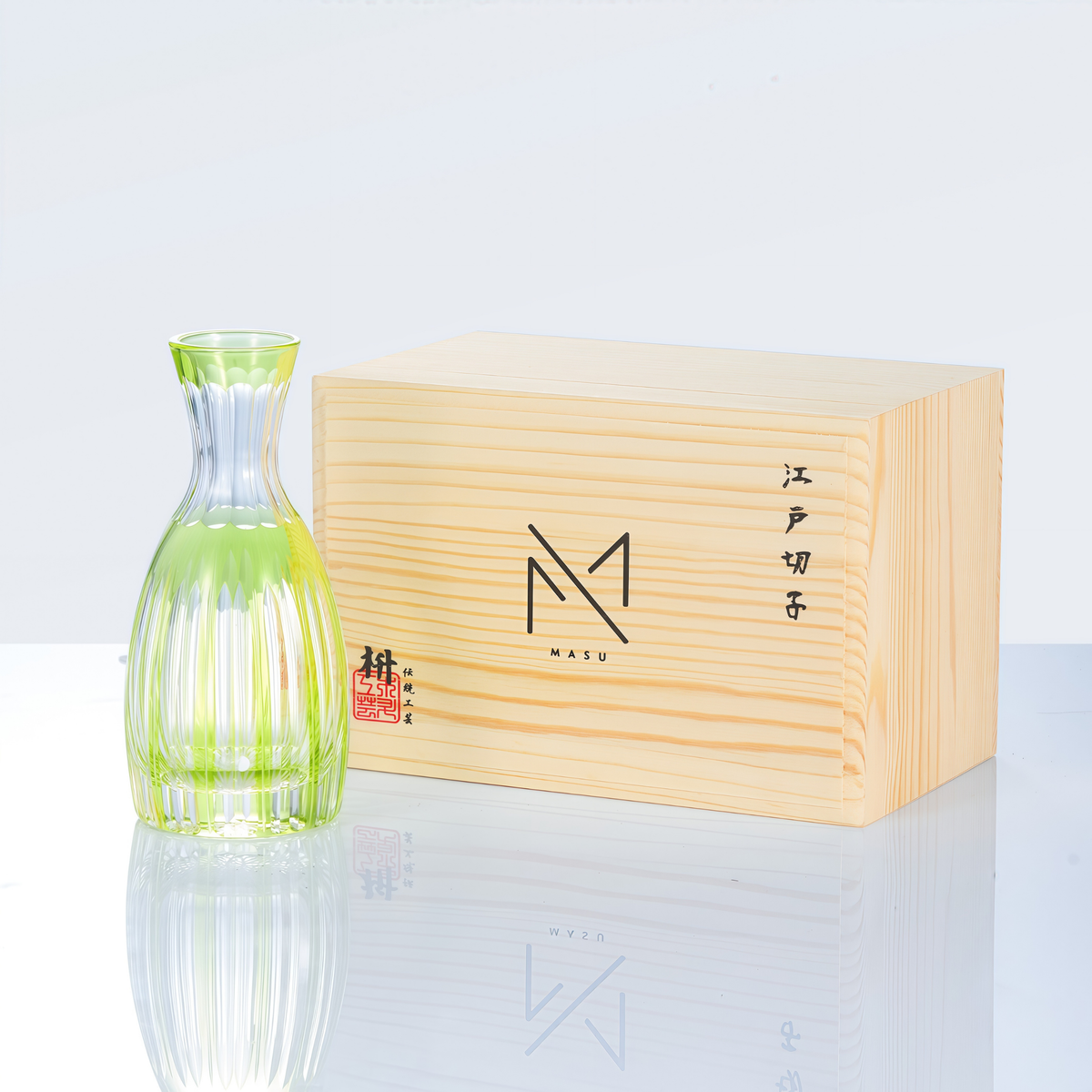 Sake Flagon Edo Kiriko Komari Hand-Cut Crystal | Tama Tate-Suji Blue Green Pink Japanese Glassware