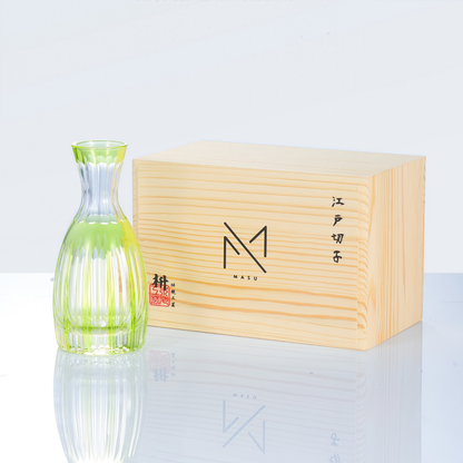Sake Flagon Edo Kiriko Komari Hand-Cut Crystal | Tama Tate-Suji Blue Green Pink Japanese Glassware