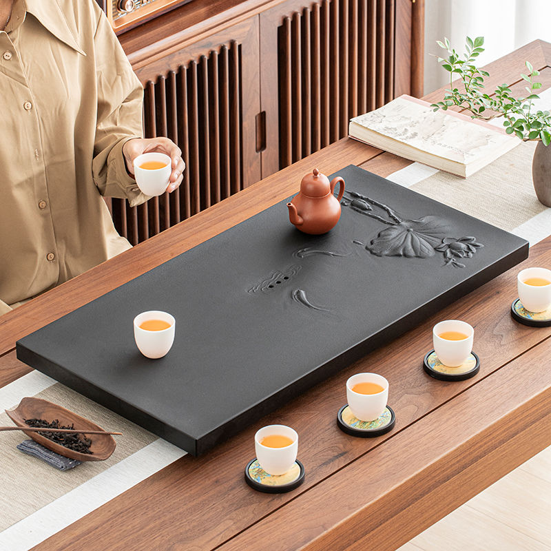Stone Tea Tray Black Lotus Fish Engraved – 60cm Gongfu