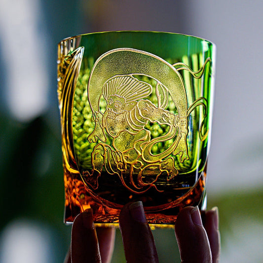 Japanese Whiskey Glass Fujin Wind God – Edo Kiriko Handcrafted Crystal