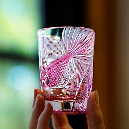 Handcrafted Whiskey Glass Rose Koi | Edo Kiriko Pink Koi Fish Crystal