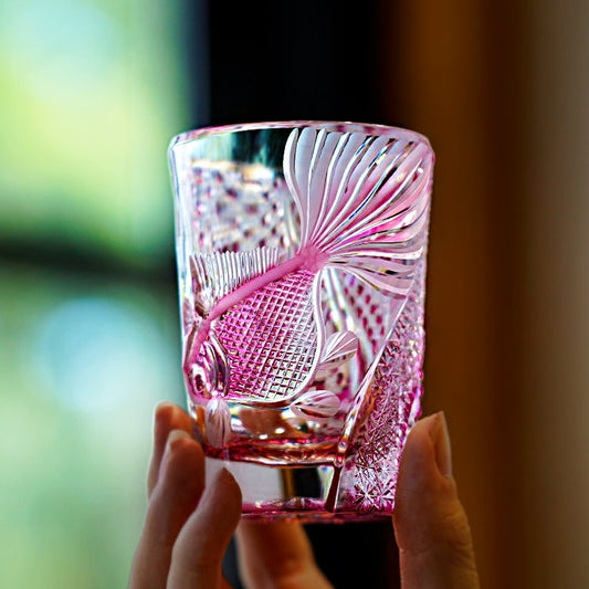 Handcrafted Whiskey Glass Rose Koi | Edo Kiriko Pink Koi Fish Crystal