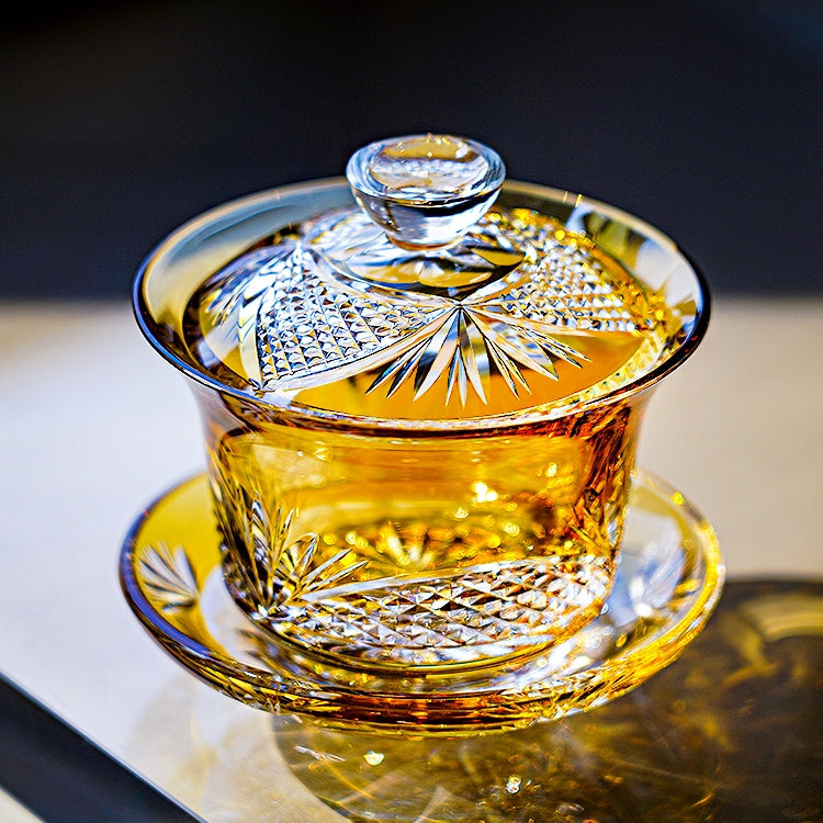 Tea Set Handcrafted Amber Glass Chrysanthemum Engraved Japanese Tea Ceremony Set Artisan Teacup Gift