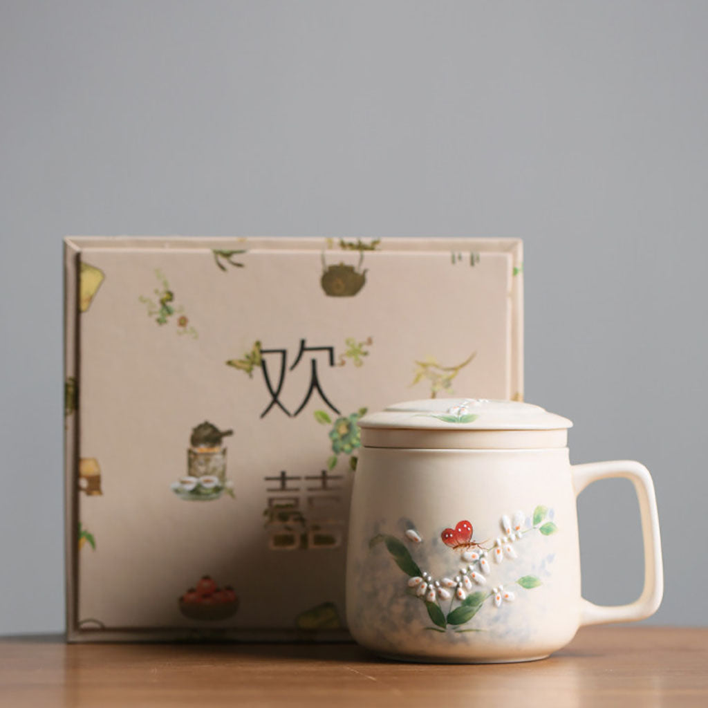 Ceramic Tea Cup With Infuser Lid Butterfly Floral Design