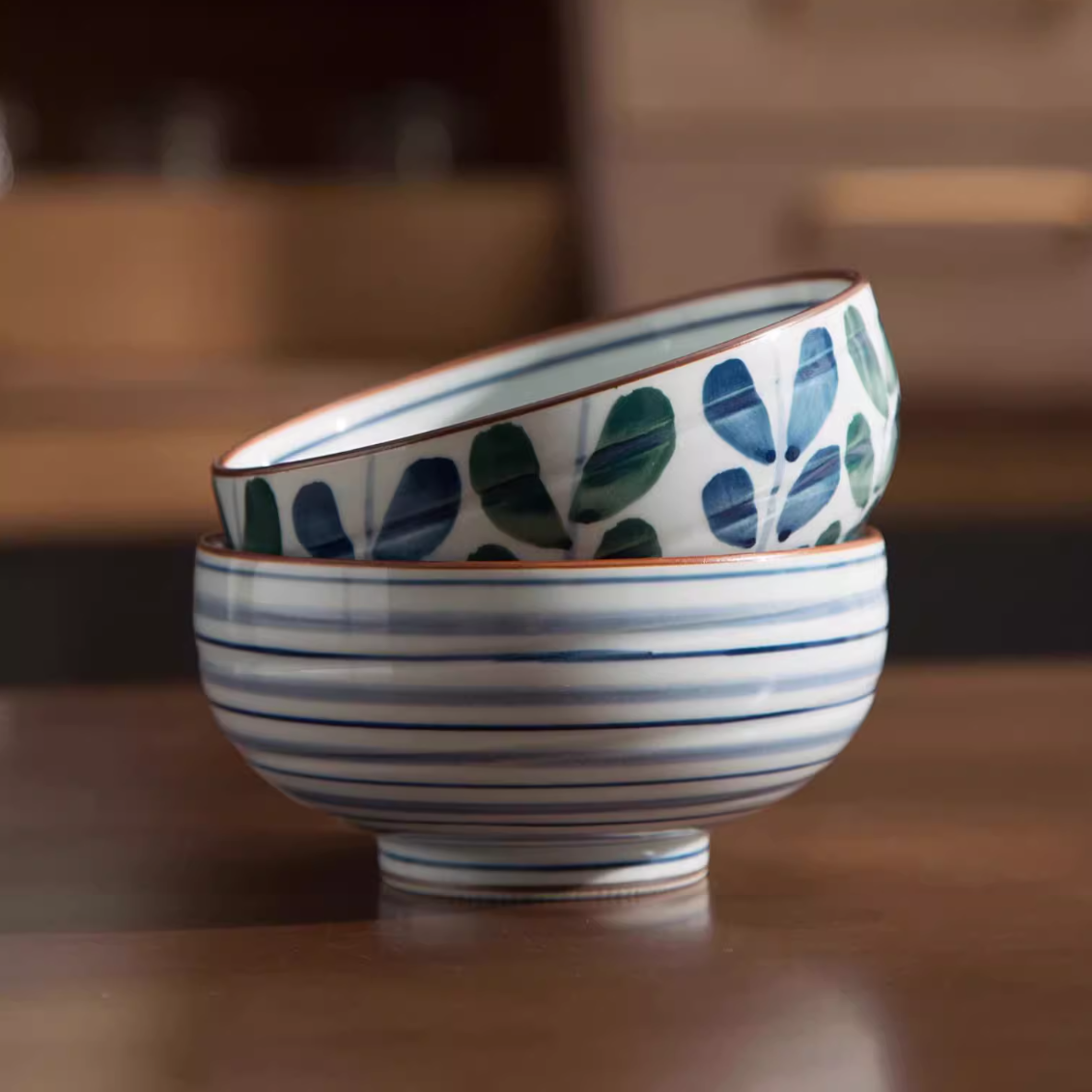 Bowl Set Arita Ware Shikayama Hand-Painted Japanese Ceramic Rice Bowl Set of 5 Wooden Box Made in Japan