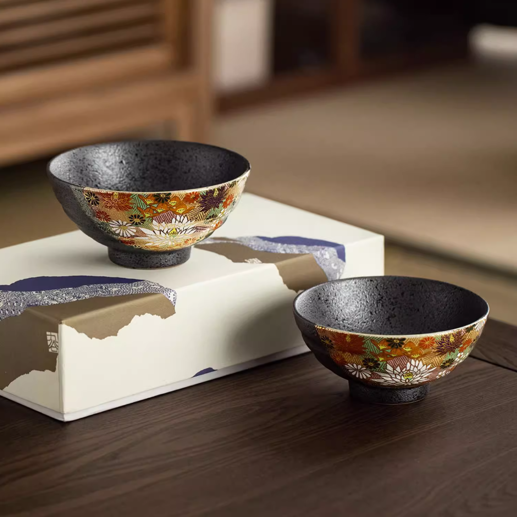 Japanese Couple Rice Bowl Set – Kutaniyaki Gold Floral Meoto