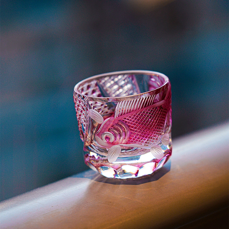 Whiskey Glass Rose Koi | Edo Kiriko Handcrafted Red Crystal Barware
