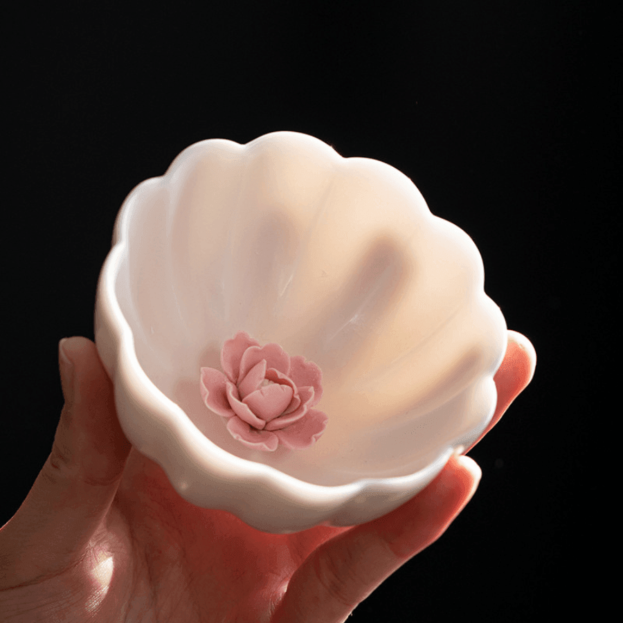 Tea Cup Ceramic Handcrafted Embedded Rose with Saucer Artisan