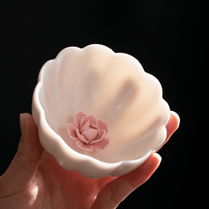 Tea Cup Ceramic Handcrafted Embedded Rose with Saucer Artisan