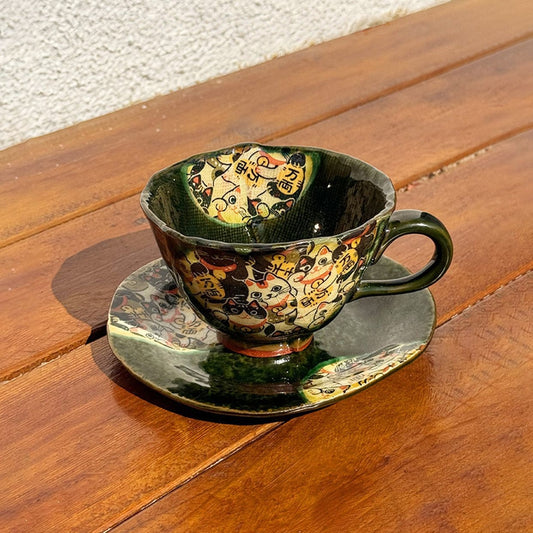 Coffee Cup & Saucer Set – Mino Ware Lucky Cat Oribe Green