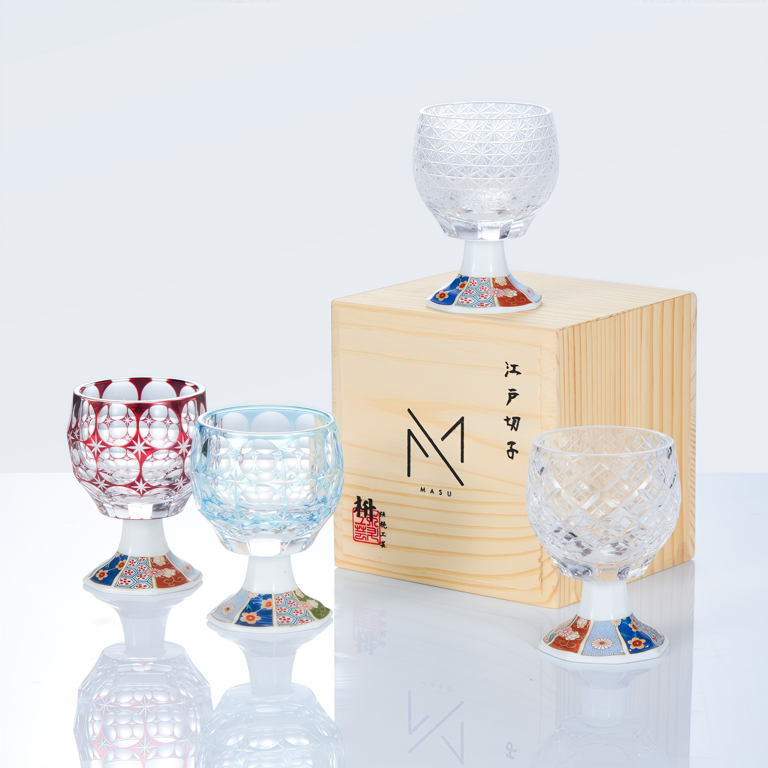 Sake Goblet Glass Edo Kiriko Kazaridai Hand-Cut Crystal & Mino Ware Porcelain Base | Japanese Artisan