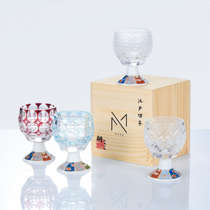 Sake Goblet Glass Edo Kiriko Kazaridai Hand-Cut Crystal & Mino Ware Porcelain Base | Japanese Artisan