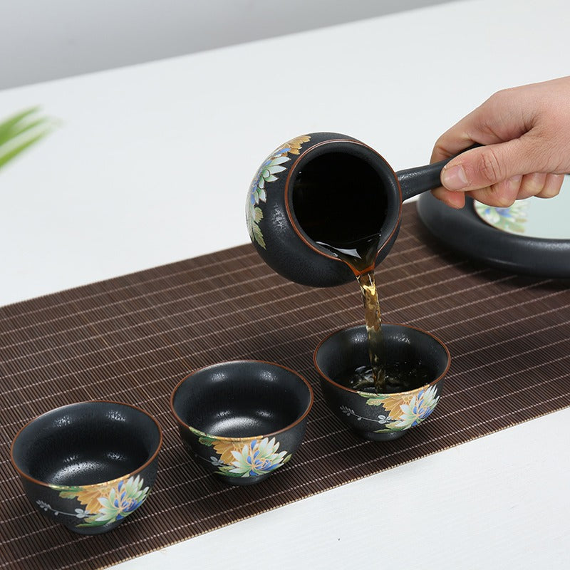 Chinese Flower Tea Set Kiln Glaze Porcelain 6 Cups