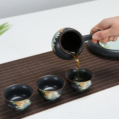 Chinese Flower Tea Set Kiln Glaze Porcelain 6 Cups