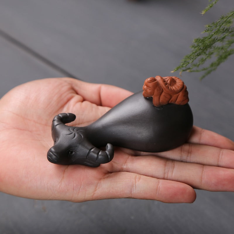 Chinese Tea Pet Yixing Purple Clay Cow Boy Figurine