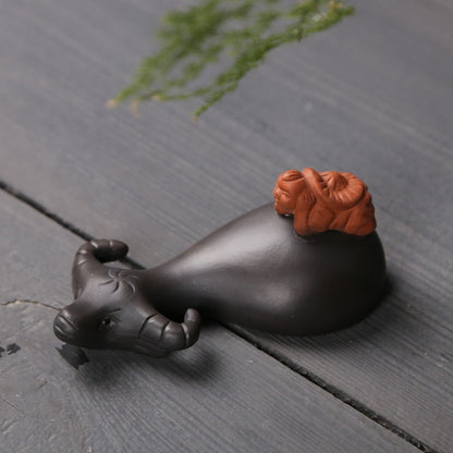 Chinese Tea Pet Yixing Purple Clay Cow Boy Figurine