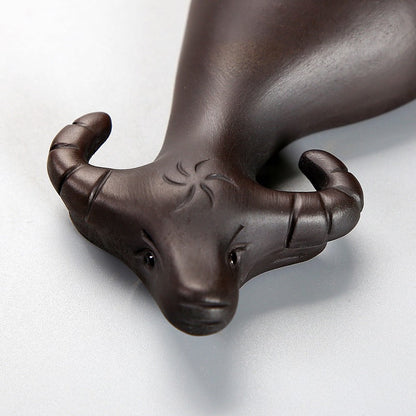 Chinese Tea Pet Yixing Purple Clay Cow Boy Figurine
