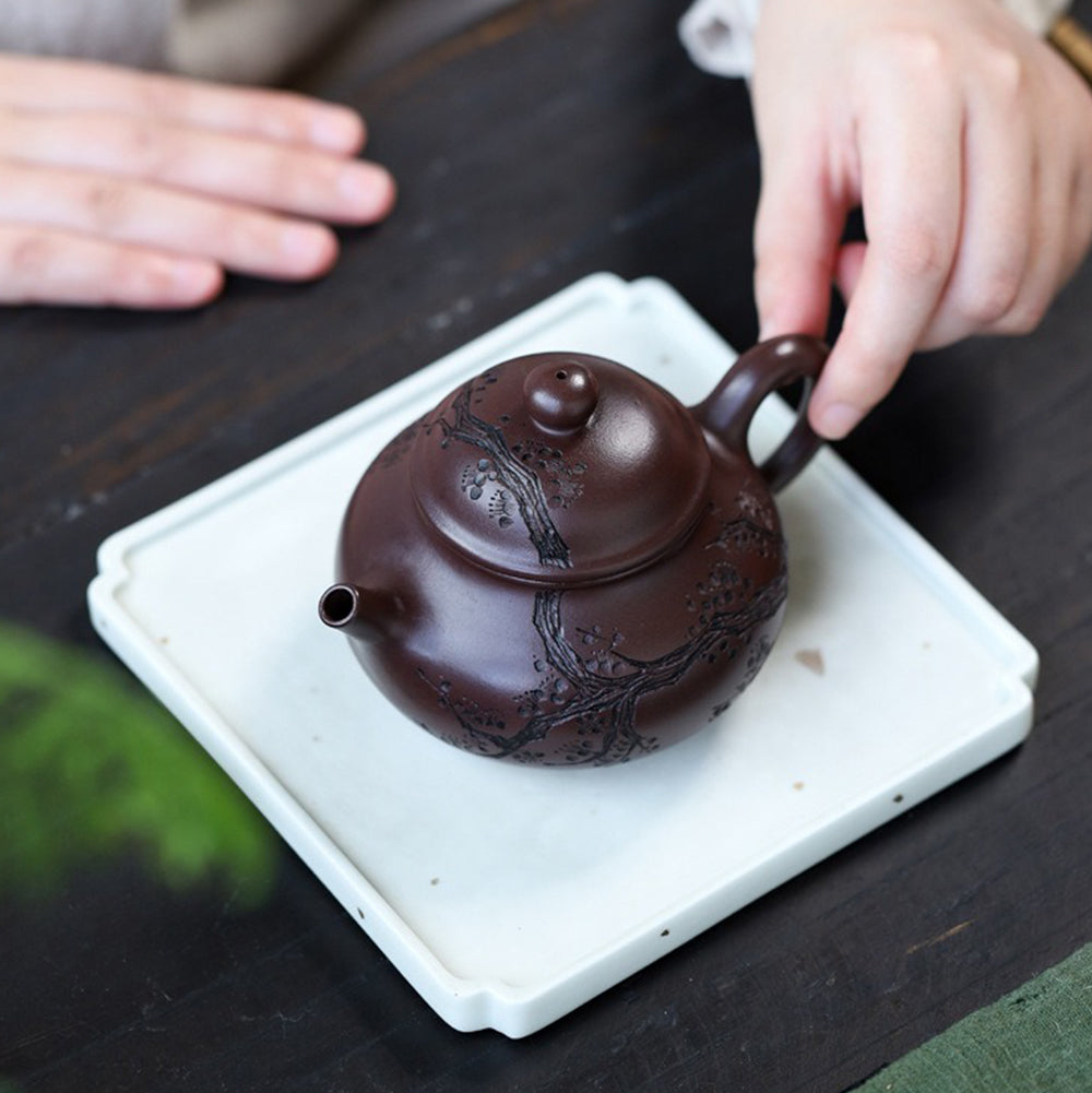 Maitreya Teapot Plum Blossom Carved Yixing Purple Clay 260ml