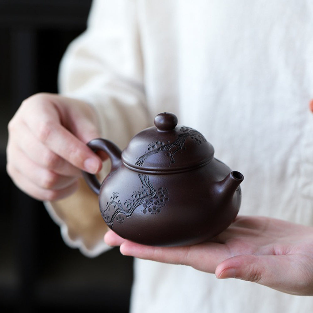 Maitreya Teapot Plum Blossom Carved Yixing Purple Clay 260ml